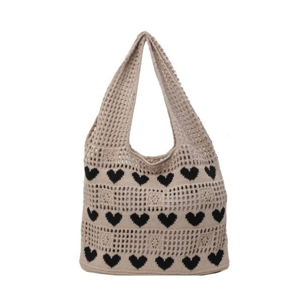 Aesthetic Heart Tote Bag Knitted Shoulder Tote Bag Large Crochet :] - Picture 1 of 6